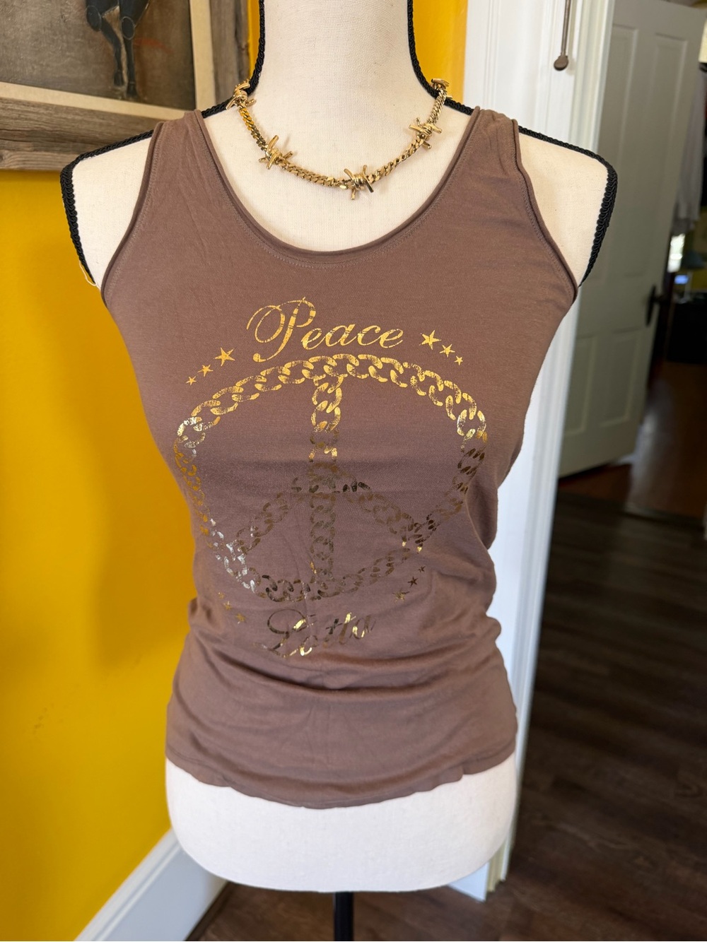 Women's Brown Tank Top with Gold Peace Graphic